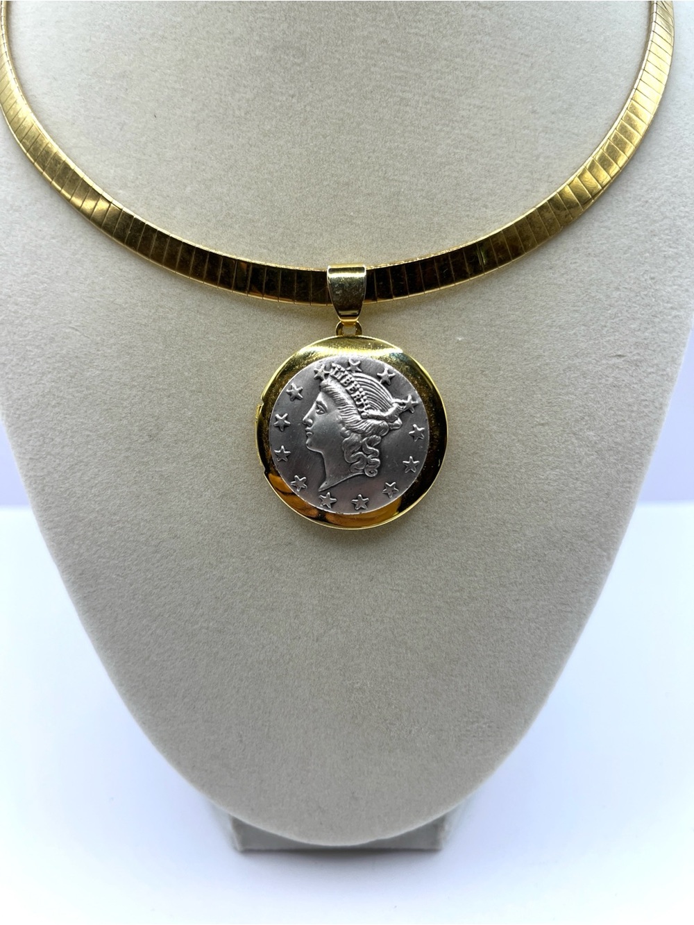 Coin Locket Lady Liberty Two-Tone Coin Pendant Collar Necklace